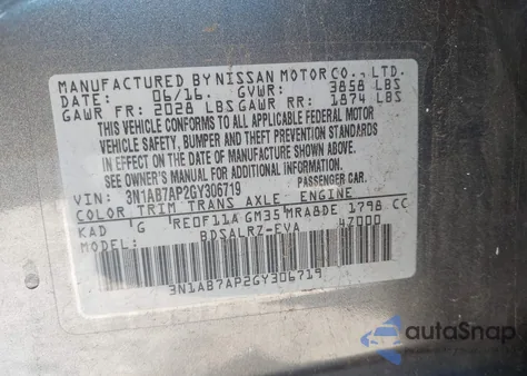 2016 Nissan Sentra Sr z USA, uszkodzony, nr VIN 3N1AB7AP2GY306719